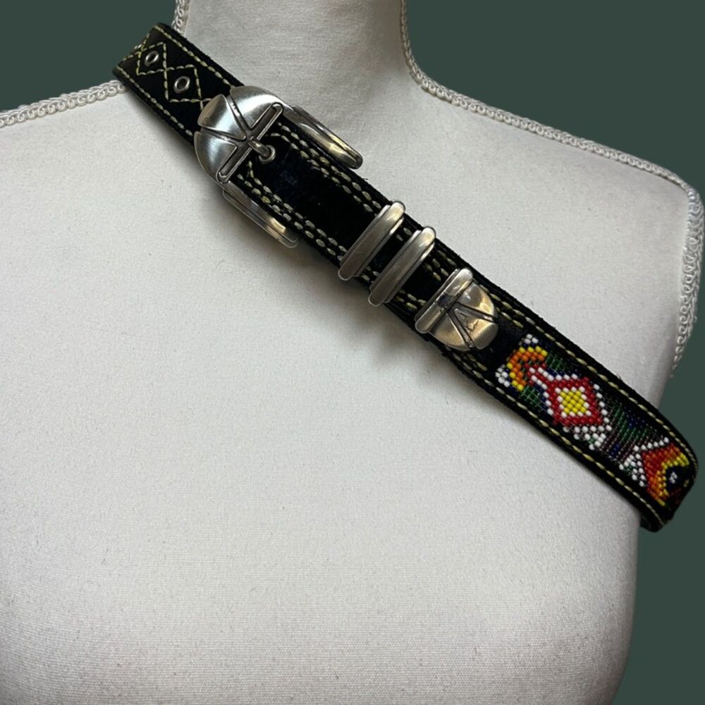 Vintage 1994 Leather Beaded Belt Southwestern Western Black 26-31 Waist